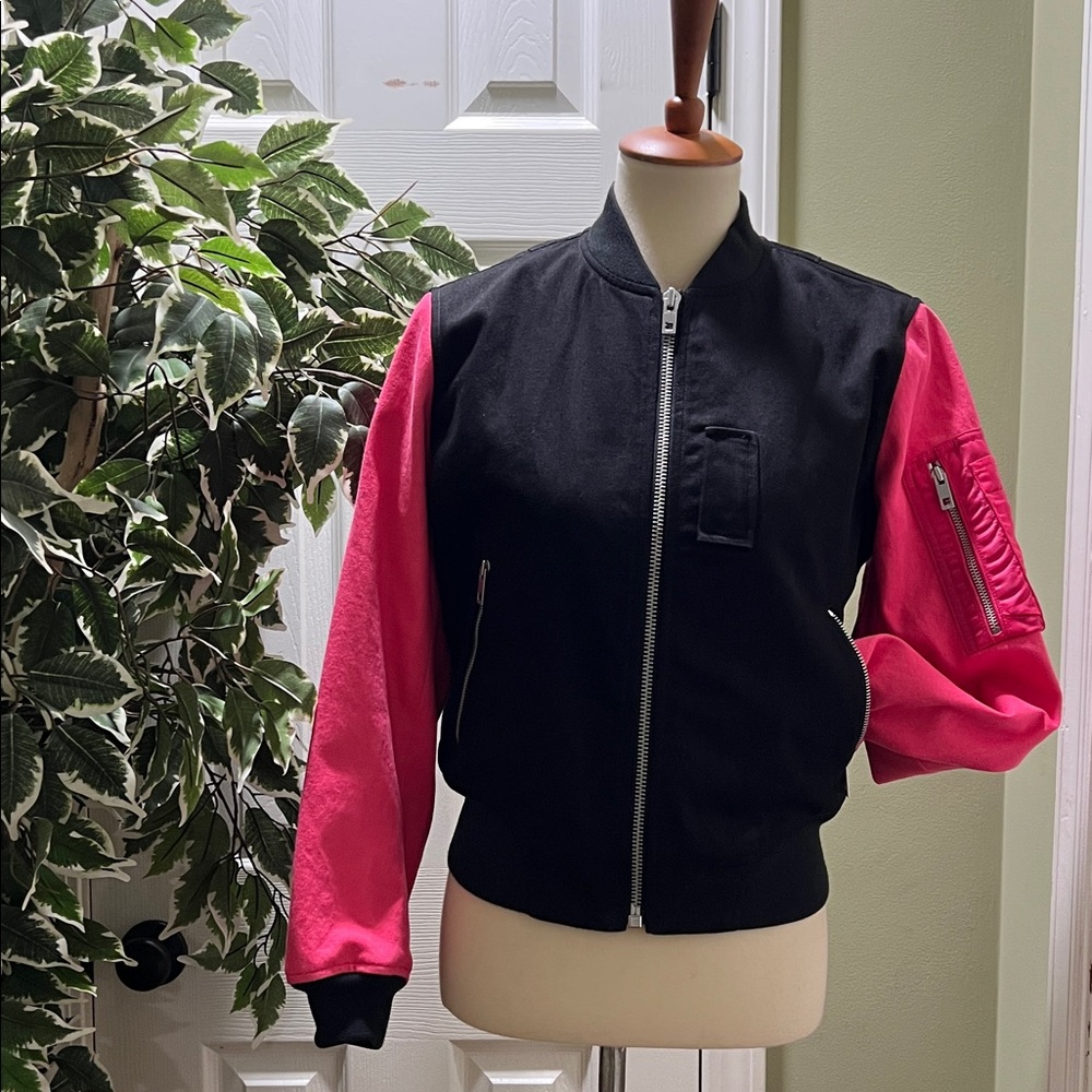 RAG & BONE Dani Colorblock Black and Pink Bomber Jacket